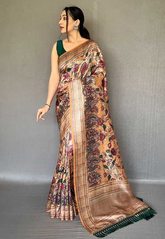 Camel Brown Diva Soft Silk Kalamkari Printed Saree