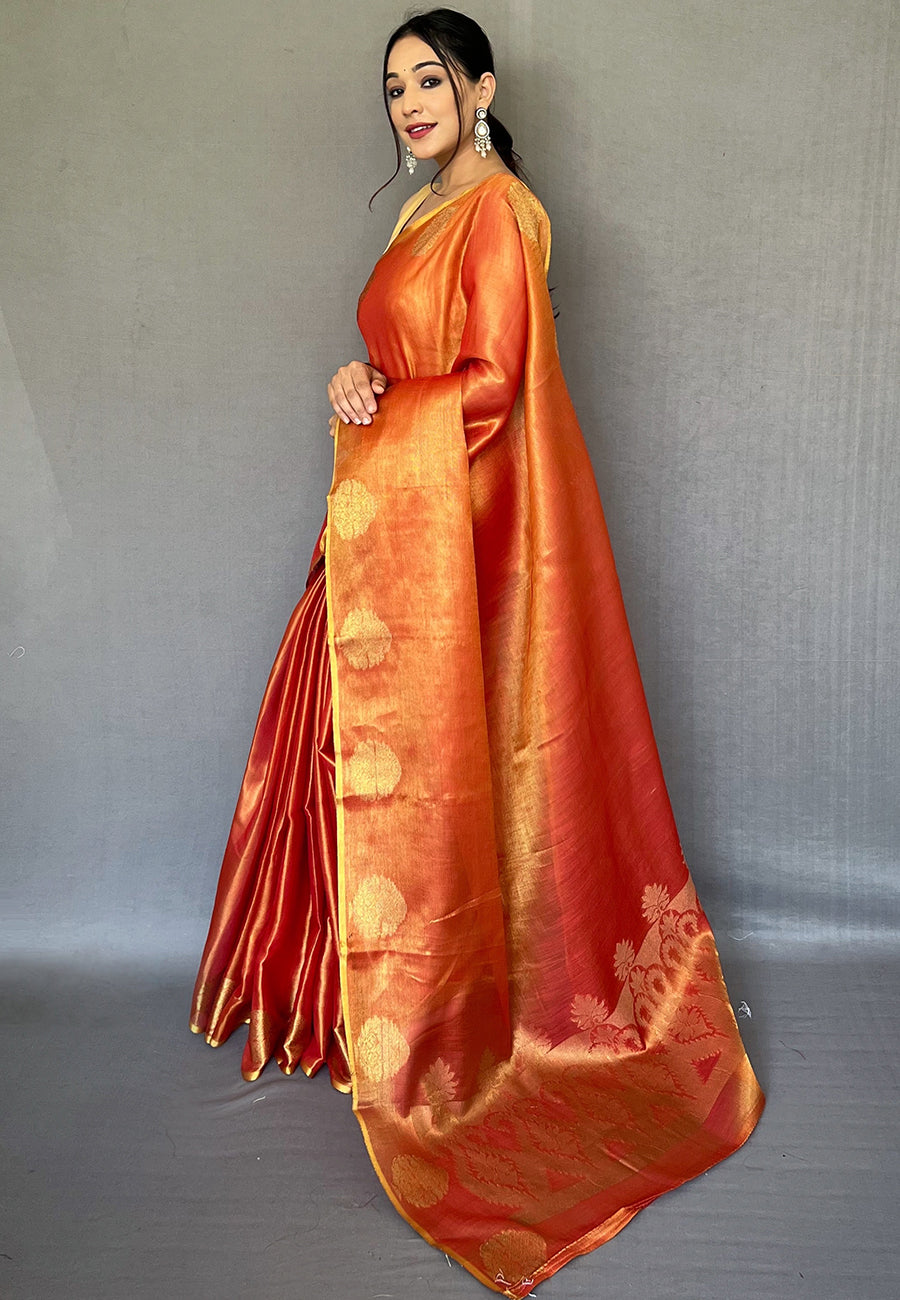 Rust Orange Gulabo Banarasi Tissue Silk Zari Woven Saree