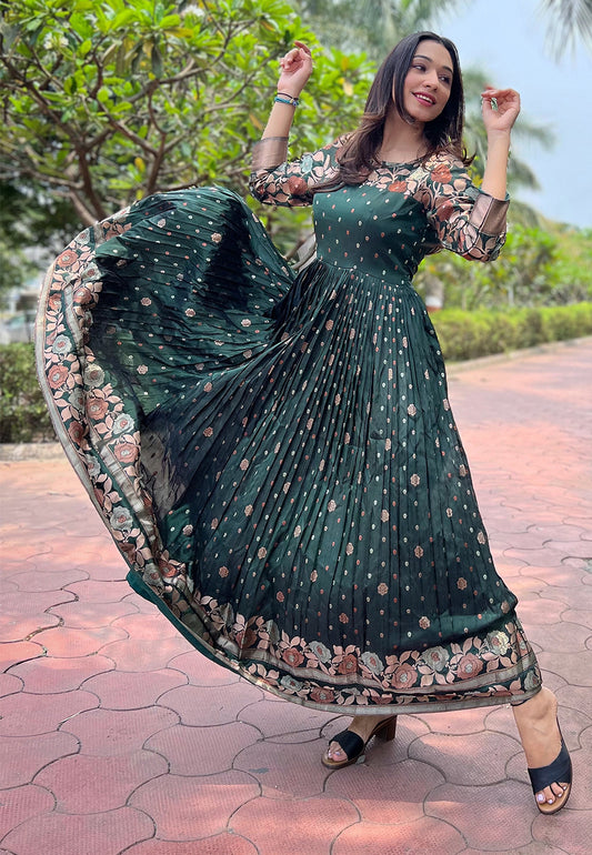 Bottle Green Traditional Banarasi Silk Zari Woven Stitched Gown
