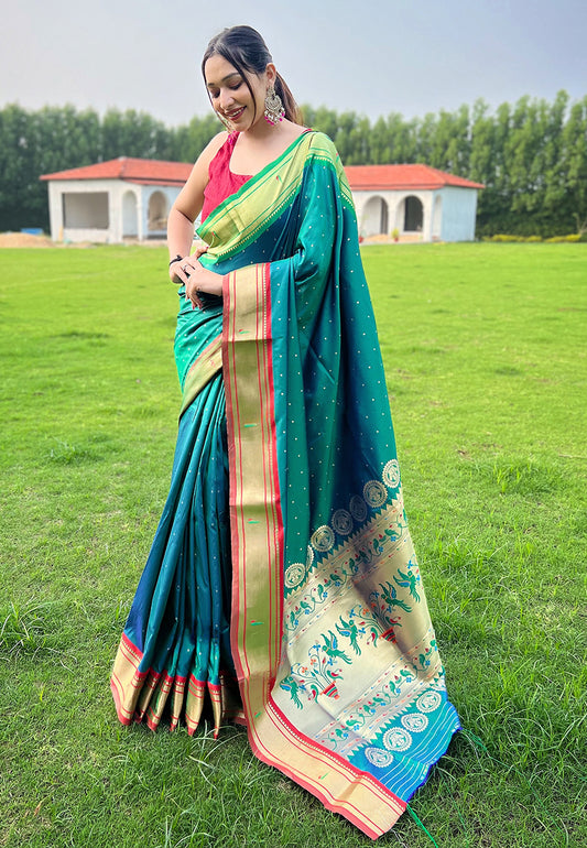 Kusum Teal Blue Paithani Silk Woven Saree