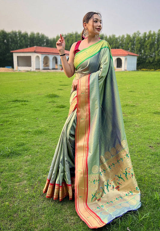 Kusum Light Green Paithani Silk Woven Saree