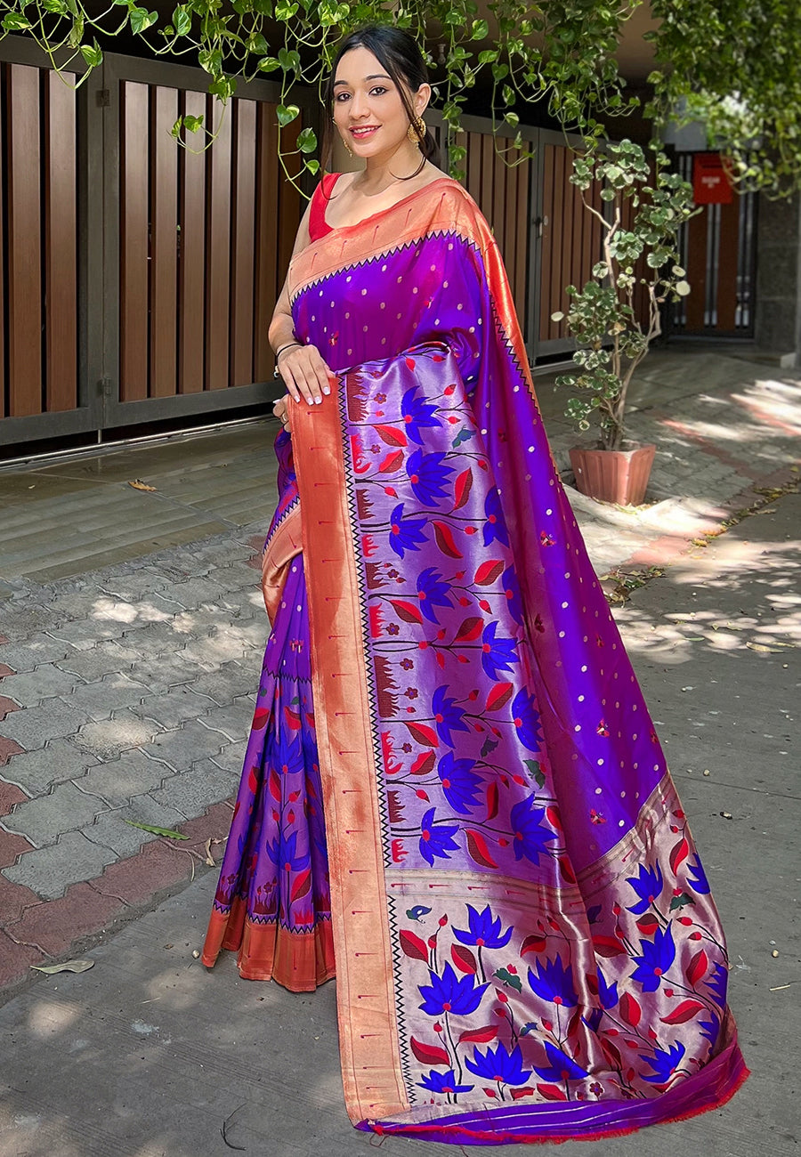 Buy Captivating Purple Zari Work Paithani Meenakari Traditional Saree -  Zeel Clothing