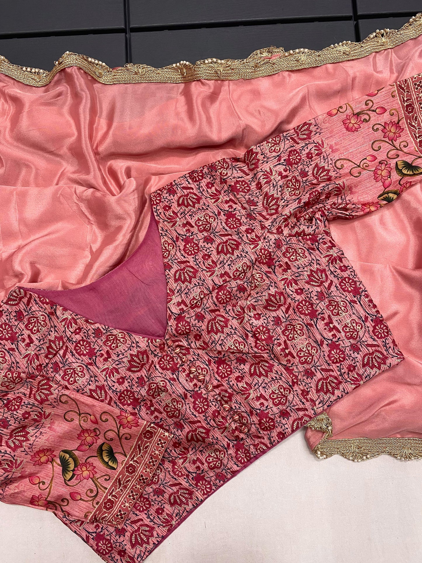 Brownish Pink Satin Saree With Designer Readymade Blouse