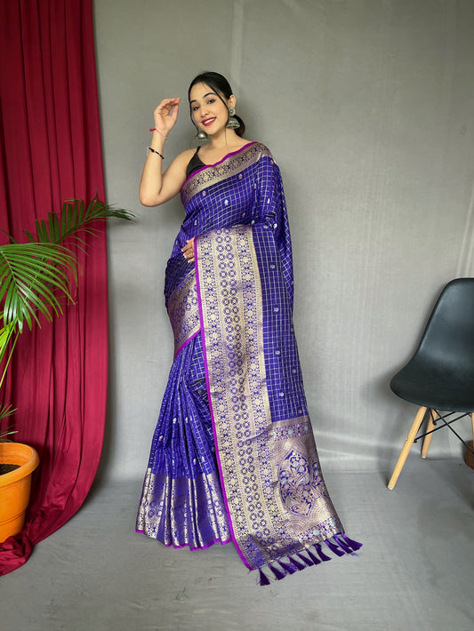 Kalindi Soft Silk Checks Woven Saree Violet Blue