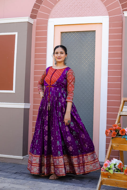 Rich Purple Traditional Flared Readymade Gown With Gold Zari Weaving