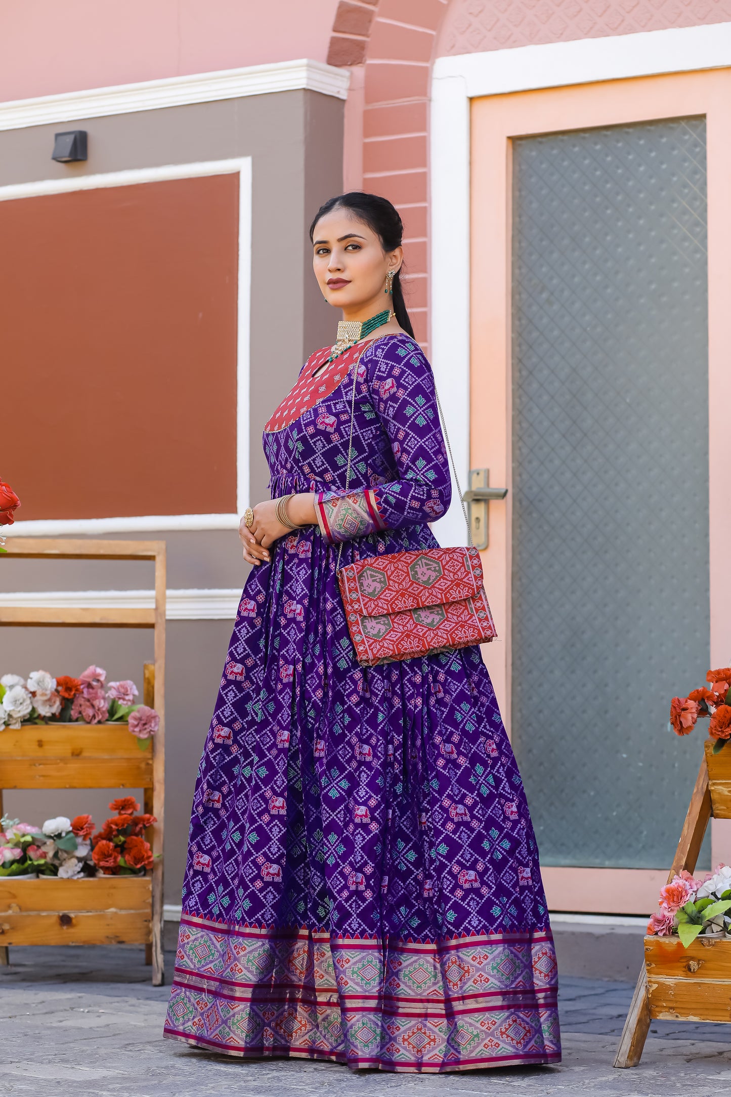 Purple Banarasi Silk Designer Stitched Flared Gown