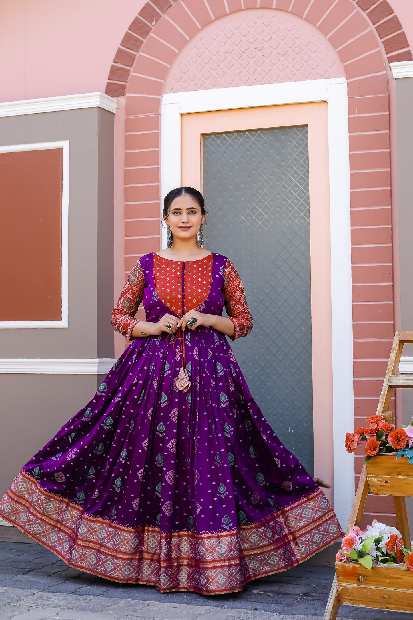Rich Purple Traditional Flared Readymade Gown With Gold Zari Weaving