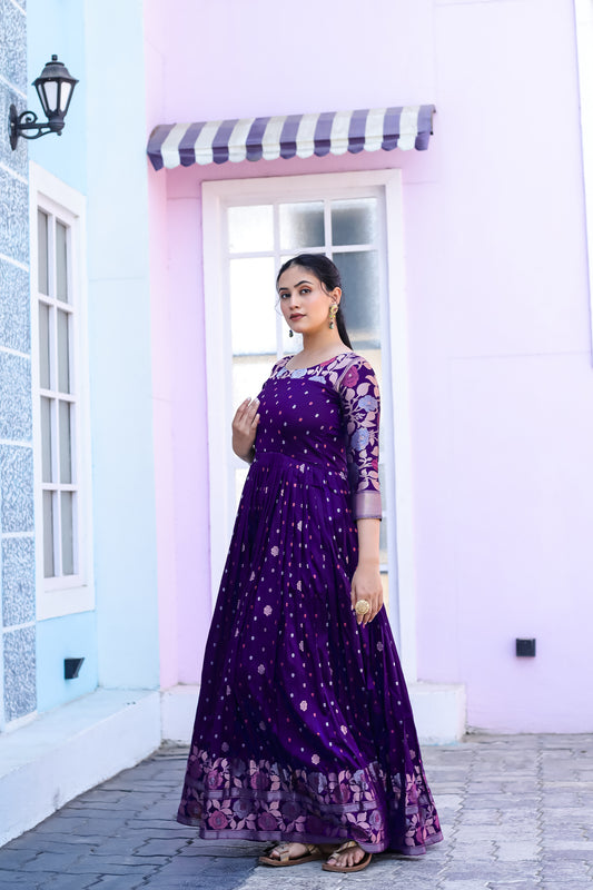 Violet Traditional Banarasi Silk Zari Woven Stitched Gown