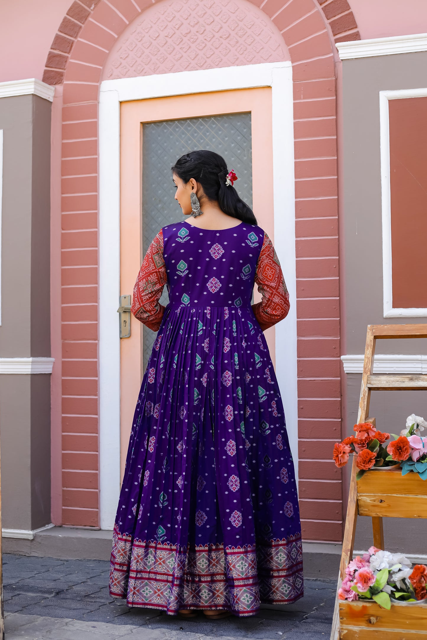 Violet Traditional Flared Readymade Gown With Gold Zari Weaving