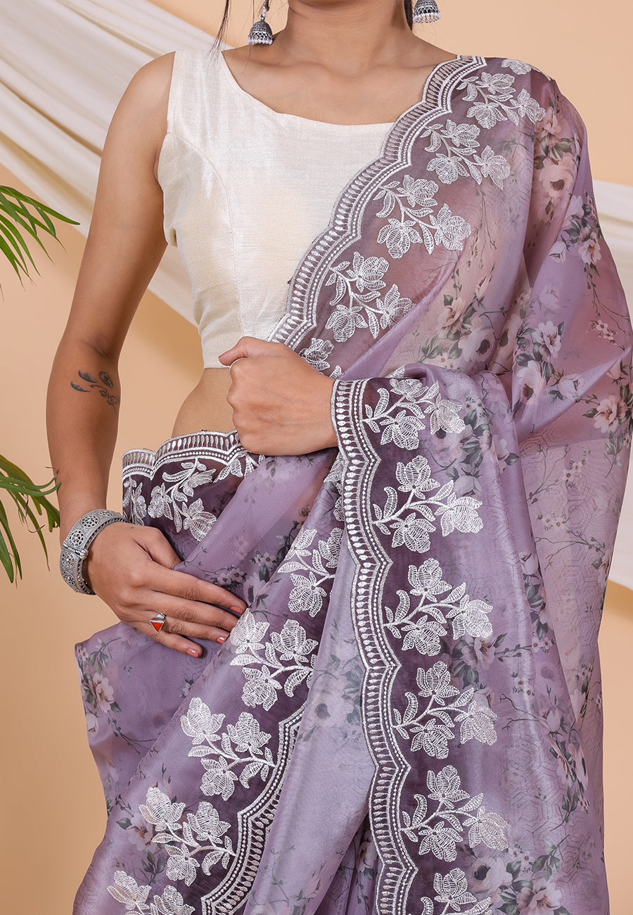 Lavender Organza Floral Printed Lucknowi Embroidered Border Saree