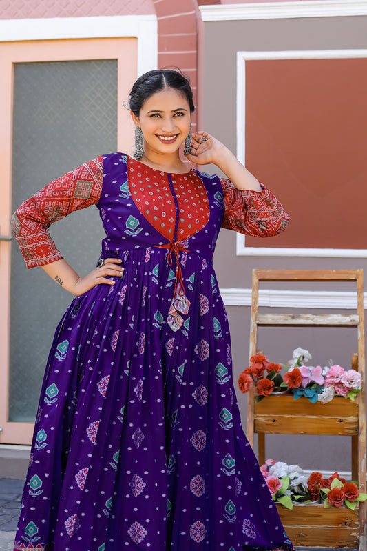 Violet Traditional Flared Readymade Gown With Gold Zari Weaving