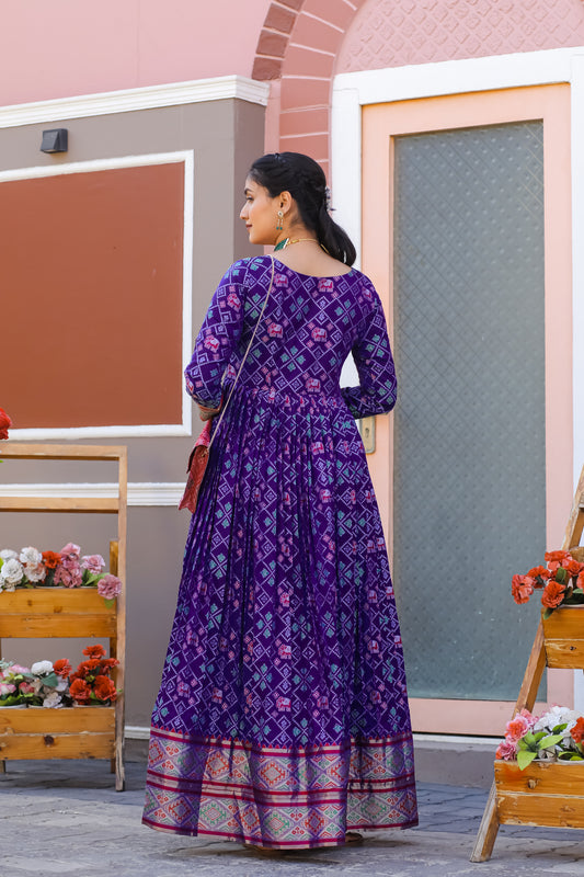 Purple Banarasi Silk Designer Stitched Flared Gown