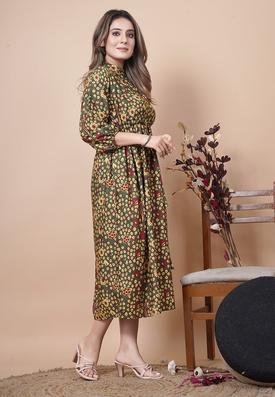 Olive Yellow Floral Printed Fit & Flare Midi Dress
