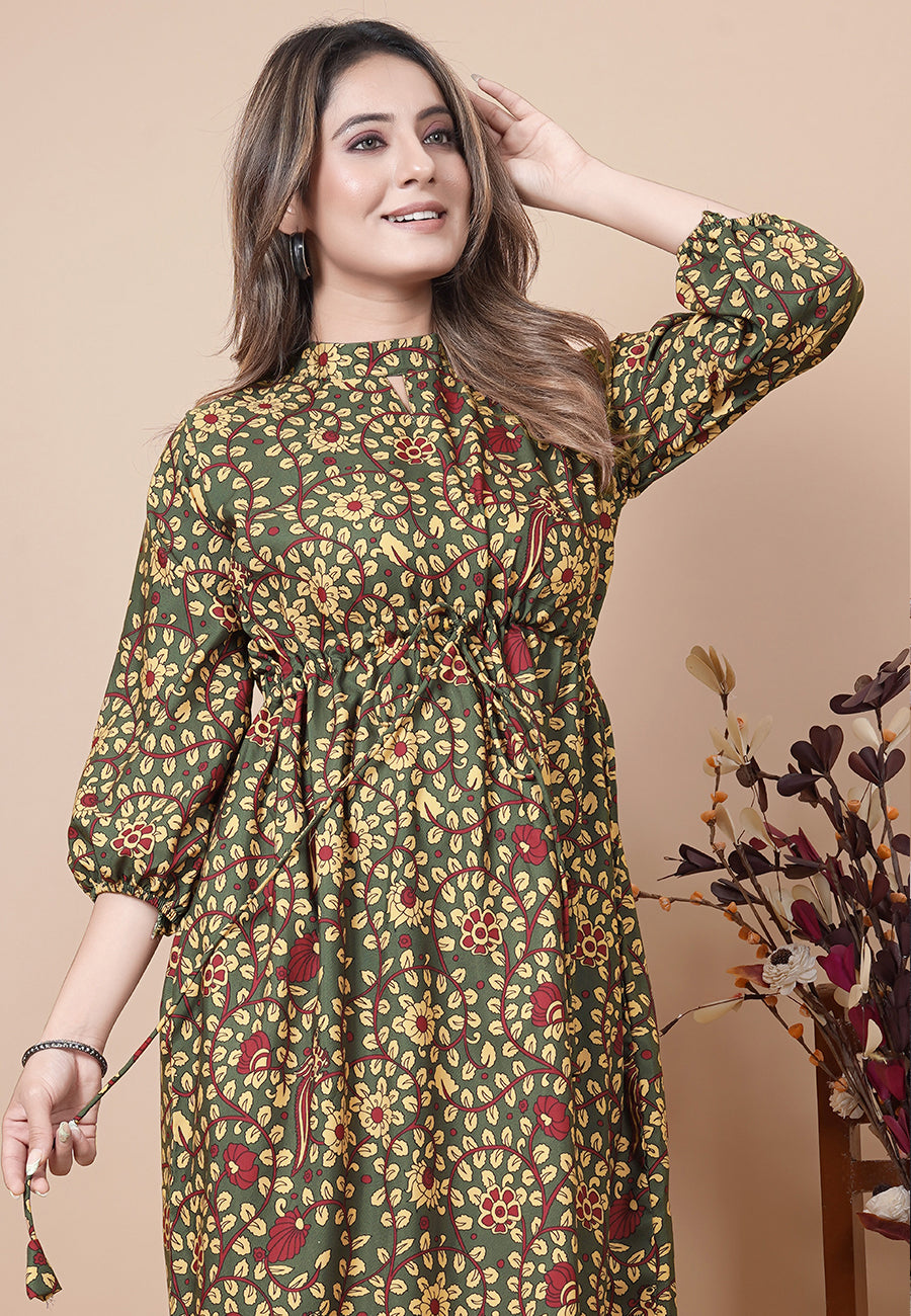 Olive Yellow Floral Printed Fit & Flare Midi Dress