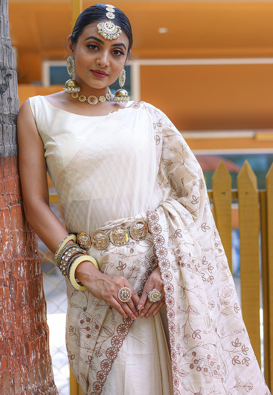 Ivory Aaisha Tussar Silk Embroidered Saree
