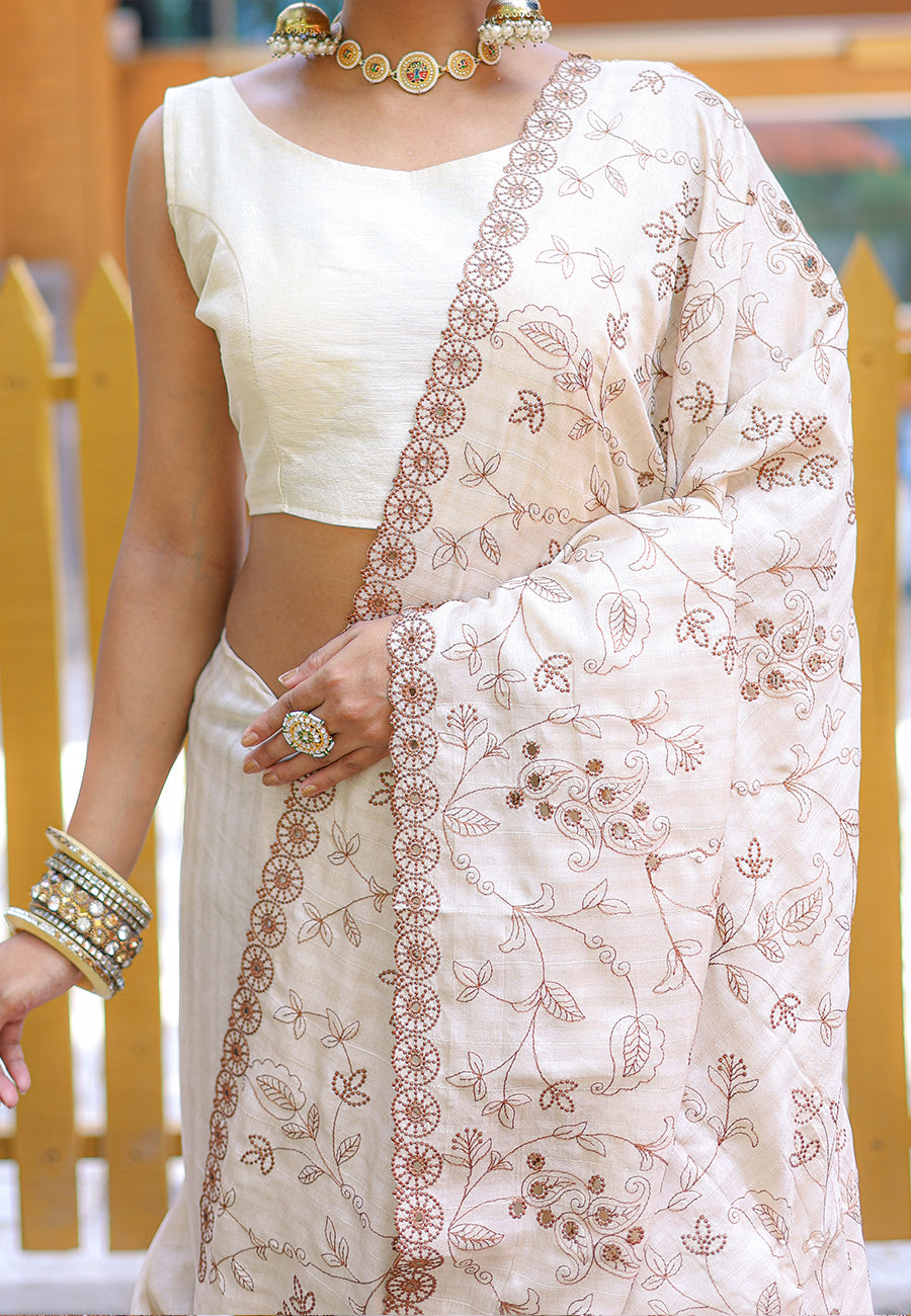 Ivory Aaisha Tussar Silk Embroidered Saree