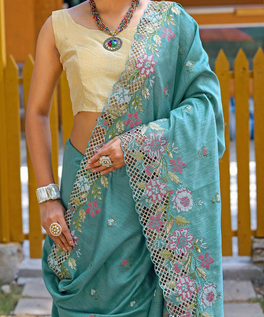 Blue Apeksha Tussar Silk Embroidered Saree