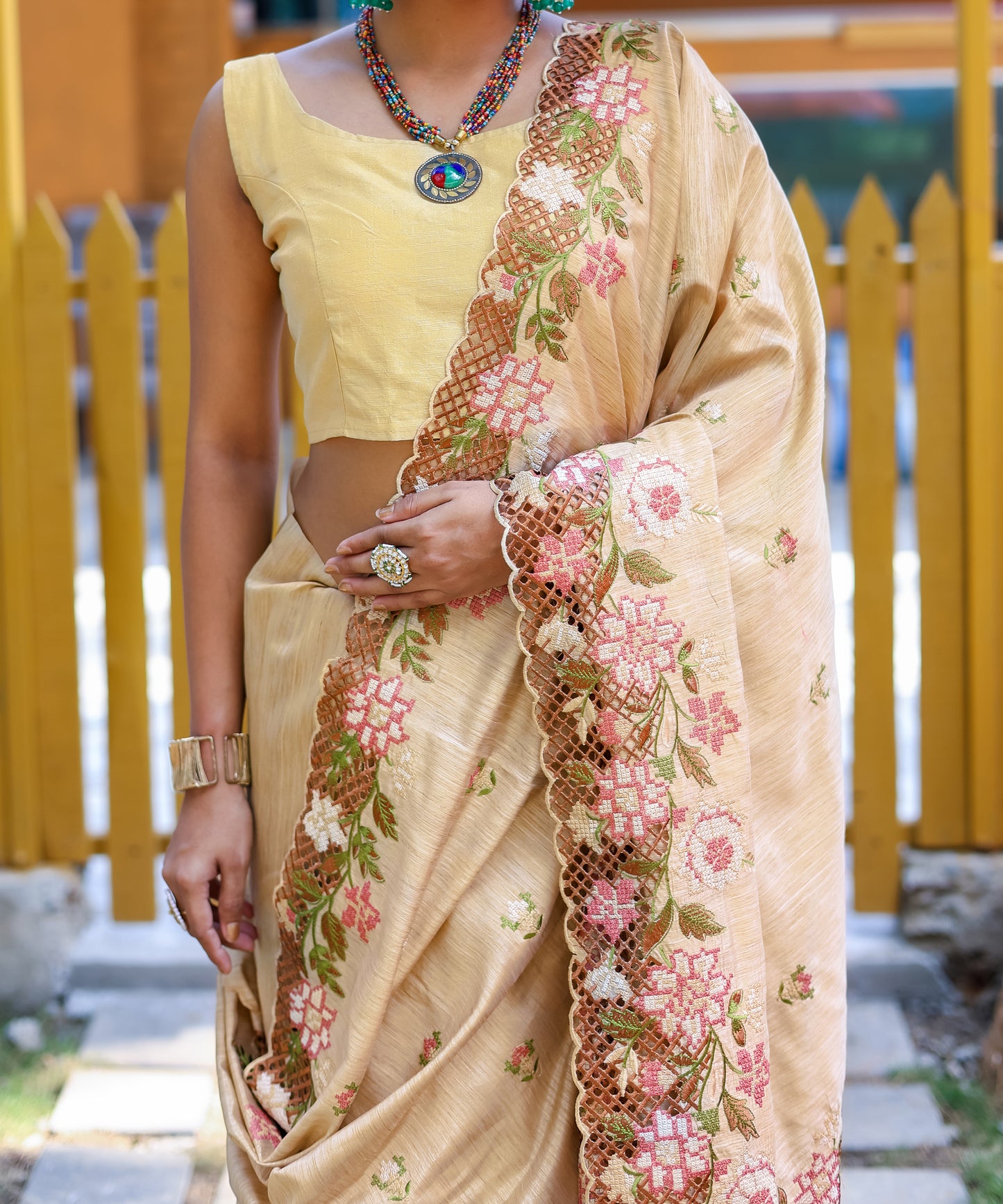 Ivory Apeksha Tussar Silk Embroidered Saree