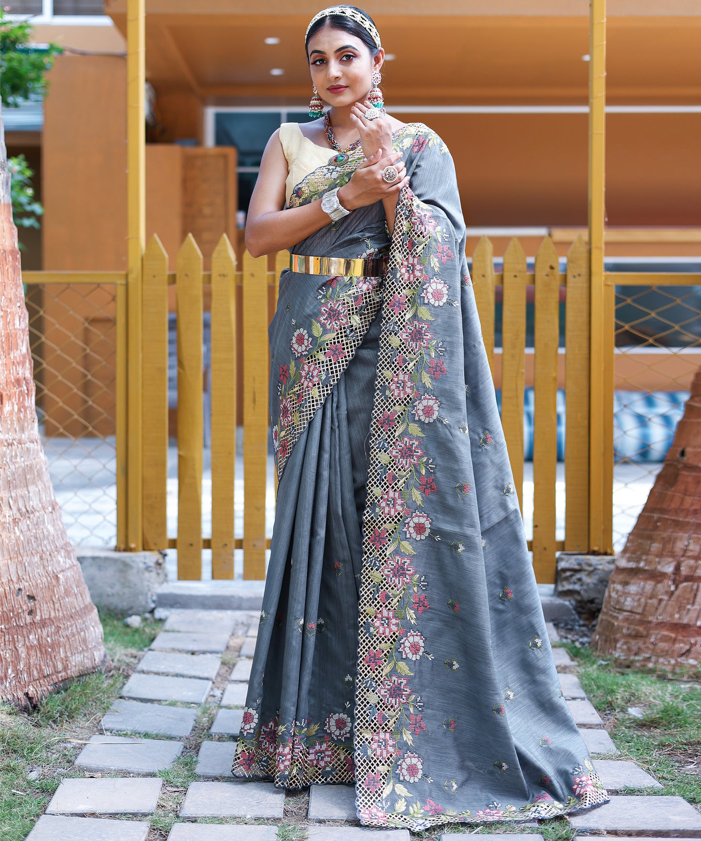 Grey Apeksha Tussar Silk Embroidered Saree