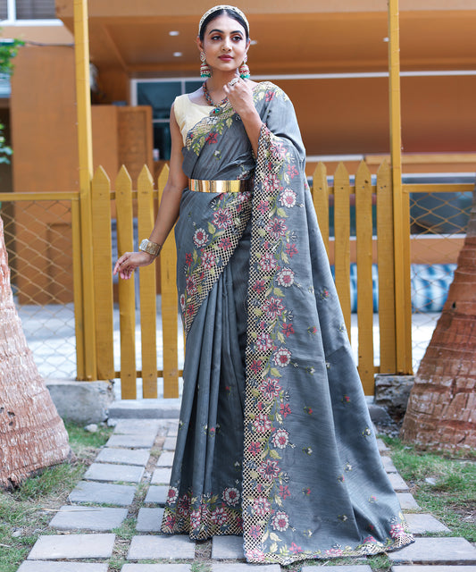 Grey Apeksha Tussar Silk Embroidered Saree