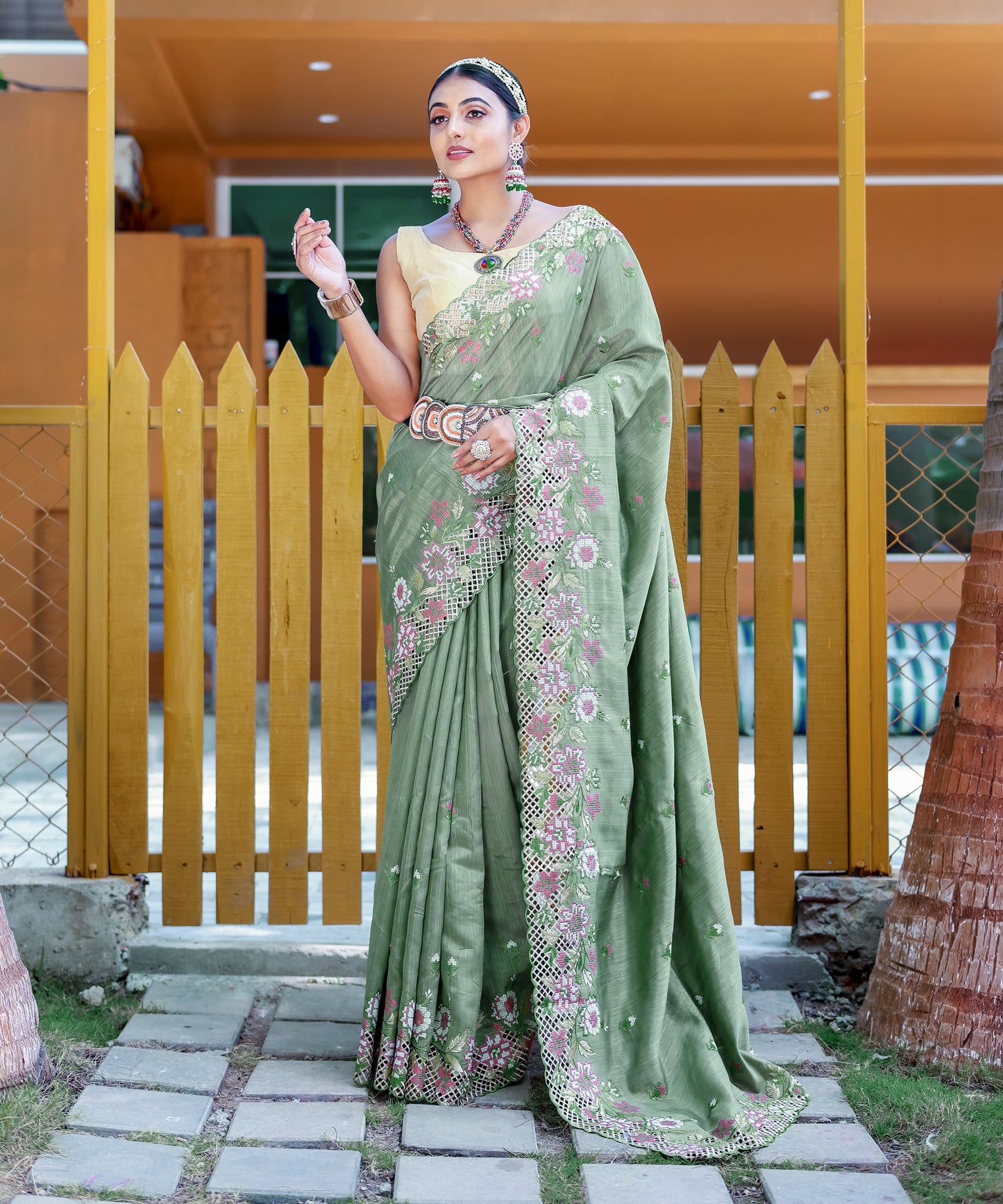 Green Apeksha Tussar Silk Embroidered Saree