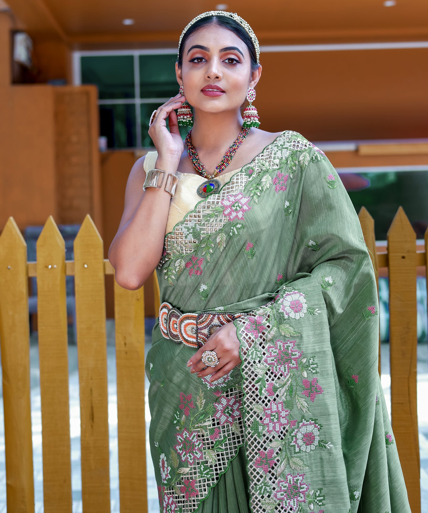 Green Apeksha Tussar Silk Embroidered Saree