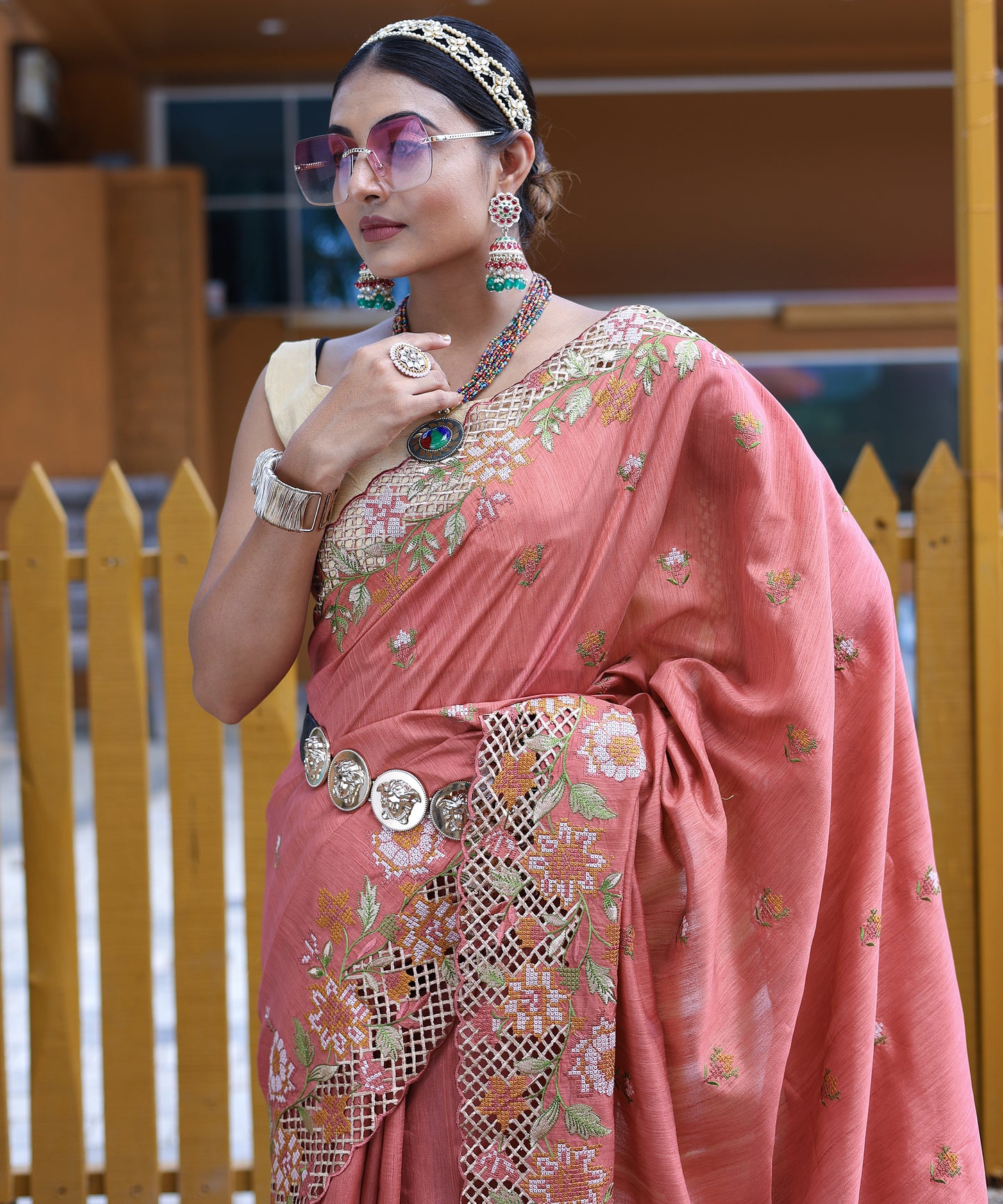Peach Apeksha Tussar Silk Embroidered Saree