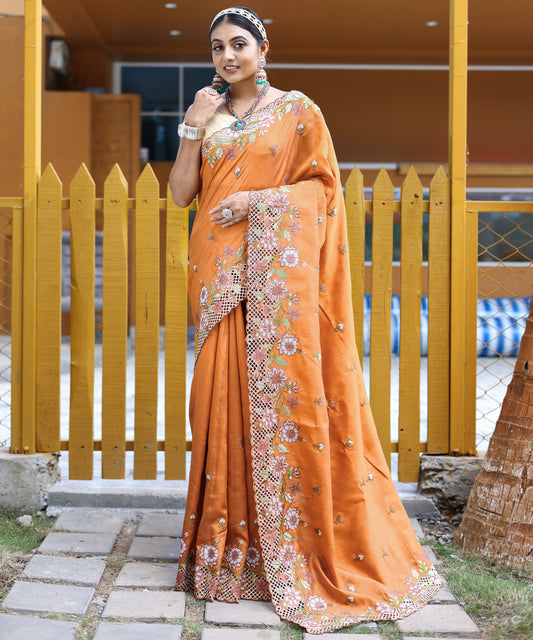 Orange Apeksha Tussar Silk Embroidered Saree