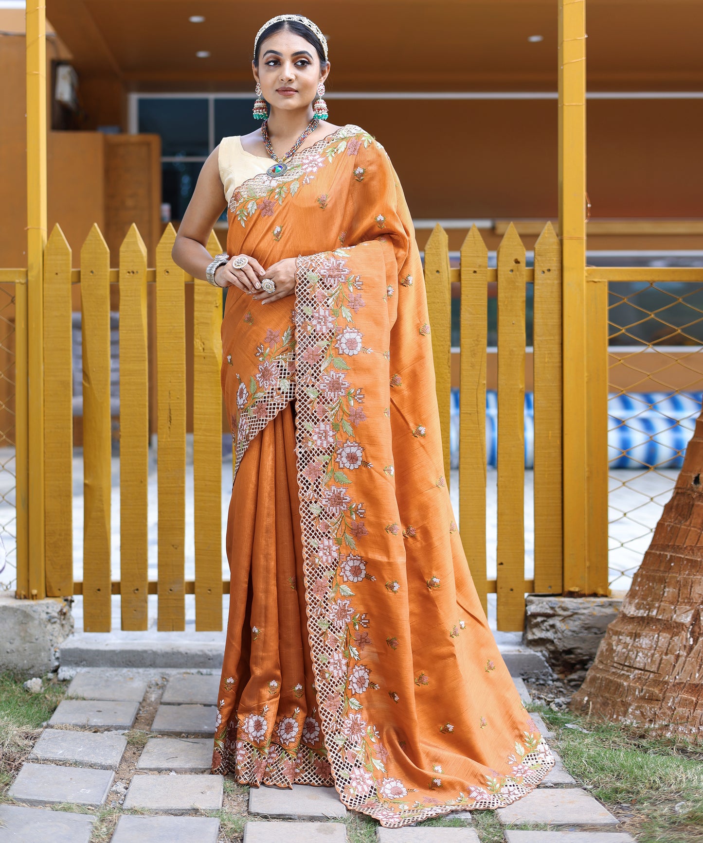 Orange Apeksha Tussar Silk Embroidered Saree