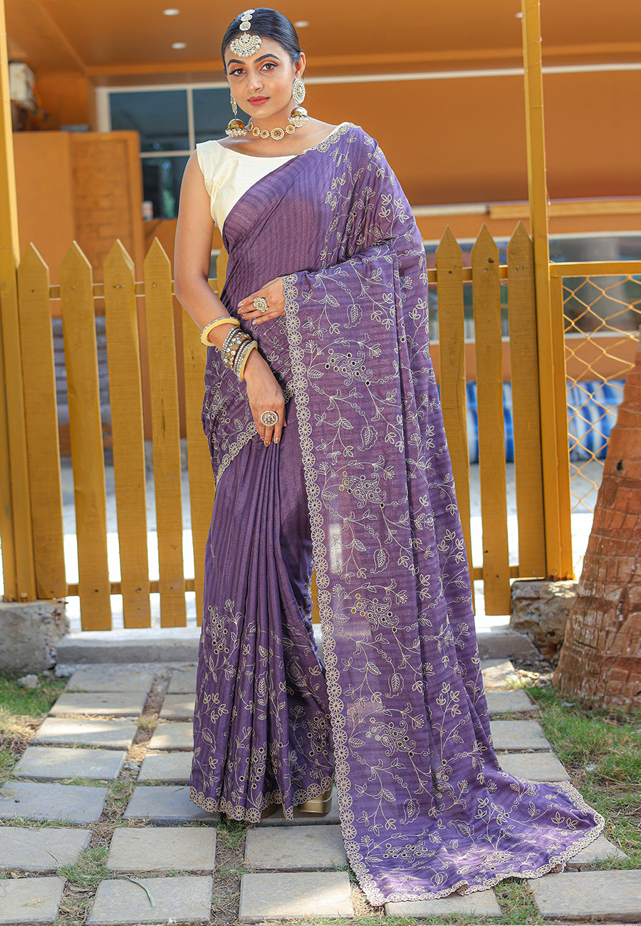 Dusty Purple Aaisha Tussar Silk Embroidered Saree