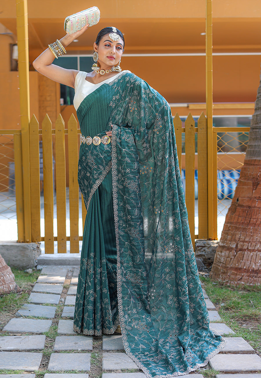 Green Aaisha Tussar Silk Embroidered Saree