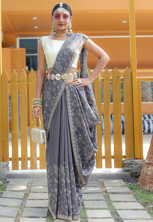 Grey Aaisha Tussar Silk Embroidered Saree