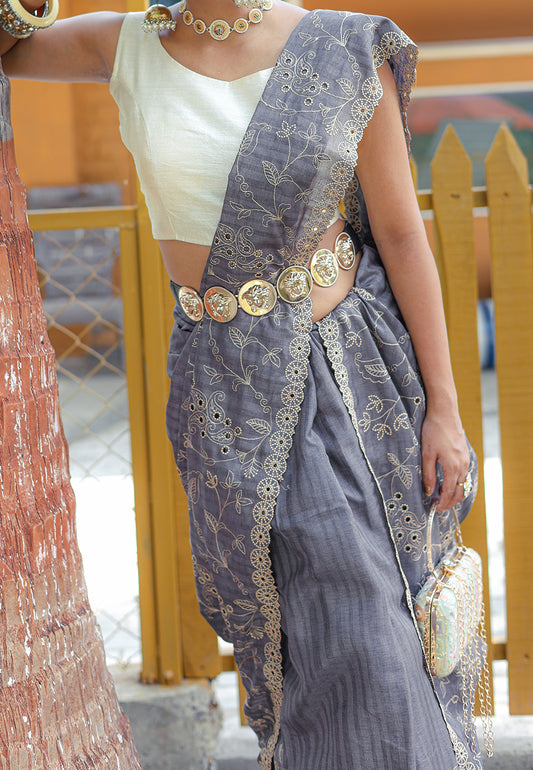Grey Aaisha Tussar Silk Embroidered Saree