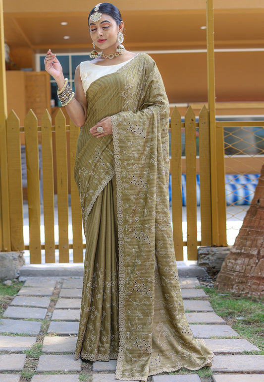 Mehendi Green Aaisha Tussar Silk Embroidered Saree