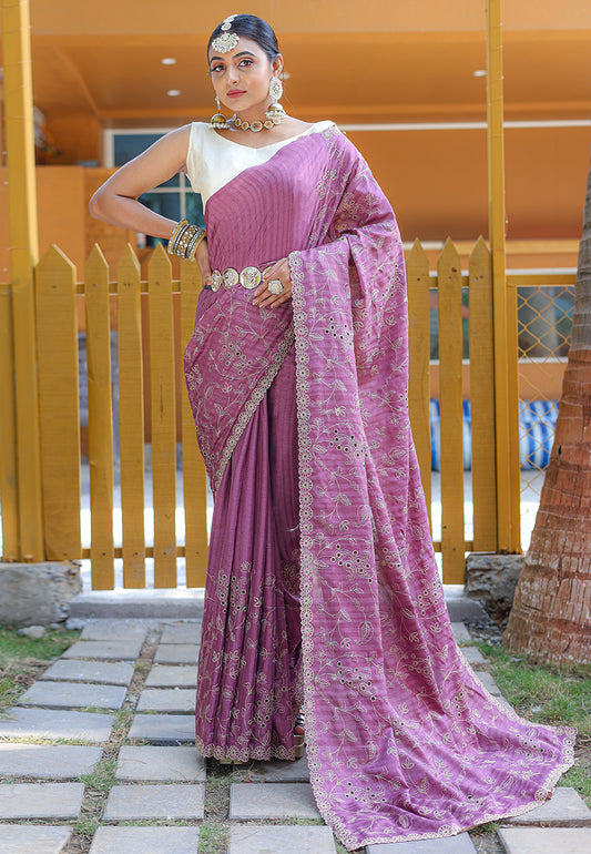 Onion Pink Aaisha Tussar Silk Embroidered Saree