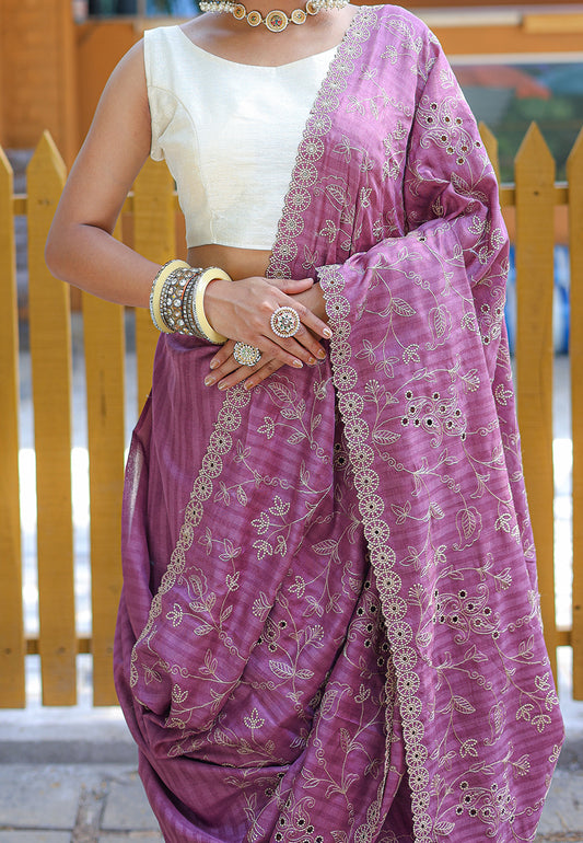 Onion Pink Aaisha Tussar Silk Embroidered Saree