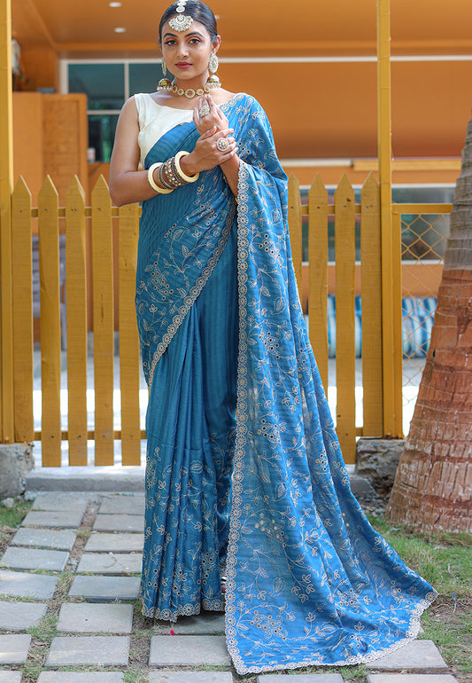 Denim Blue  Aaisha Tussar Silk Embroidered Saree
