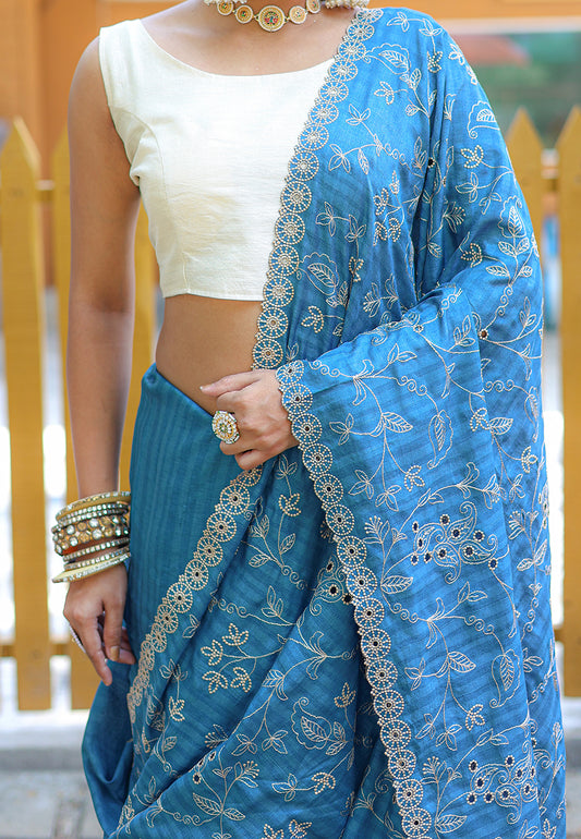 Denim Blue Aaisha Tussar Silk Embroidered Saree