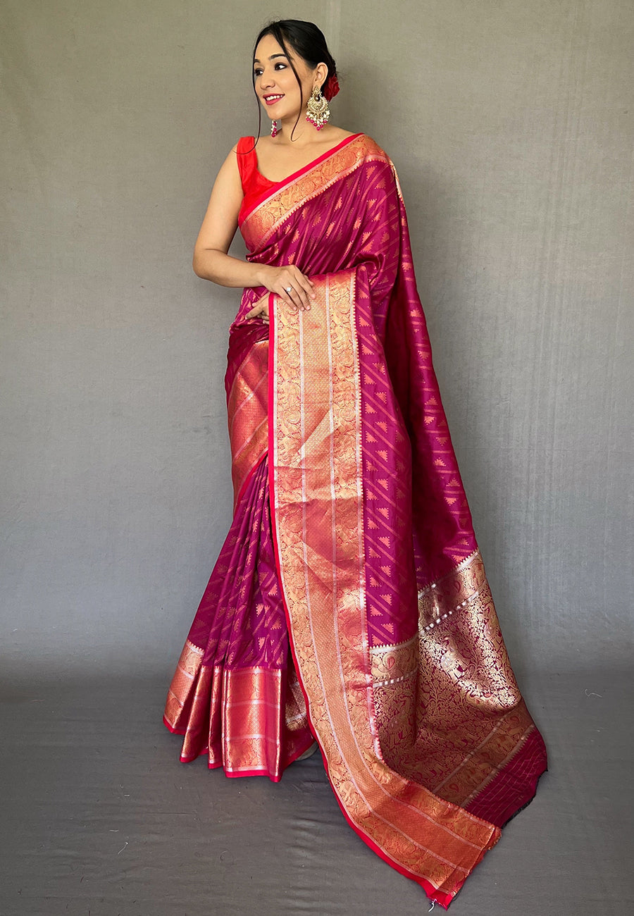 Pink Aanchal Banarasi Silk Leheriya Copper Zari Woven Saree