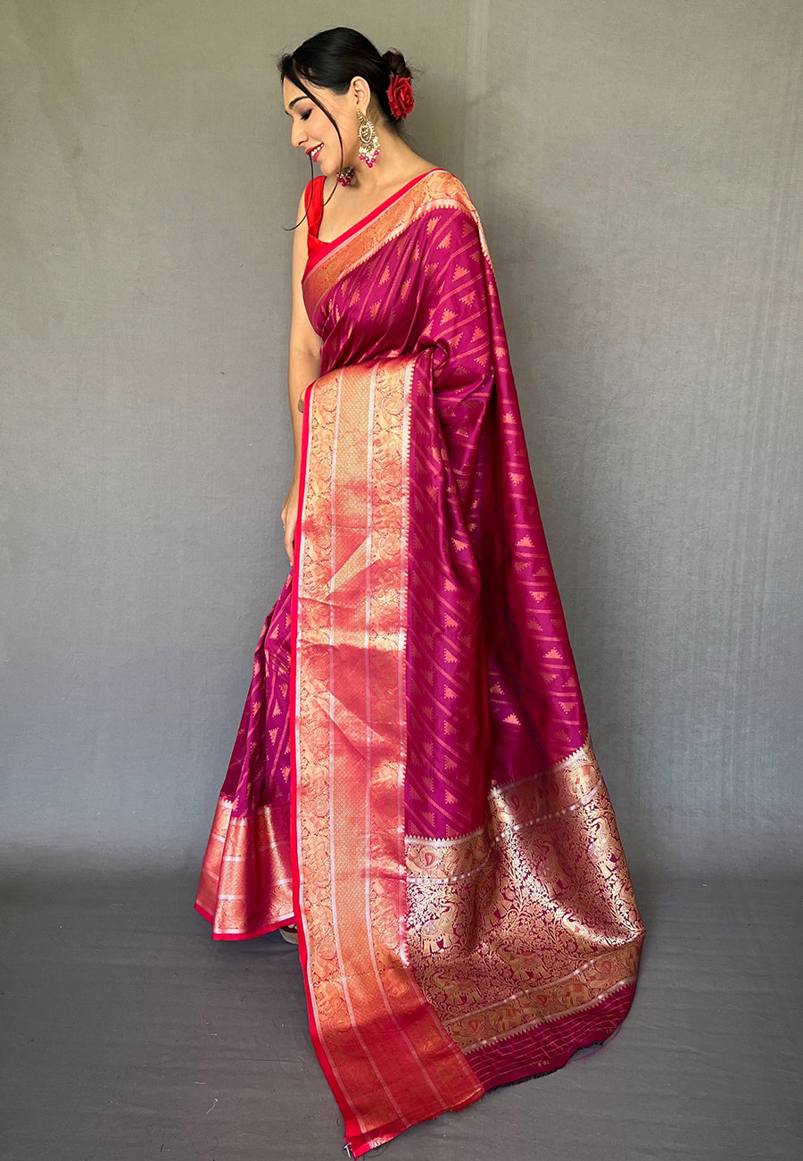 Pink Aanchal Banarasi Silk Leheriya Copper Zari Woven Saree