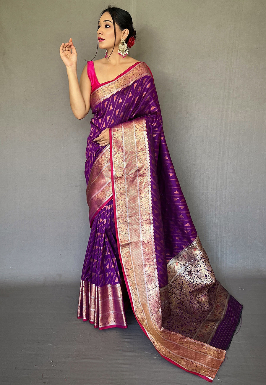Purple Aanchal Banarasi Silk Leheriya Copper Zari Woven Saree