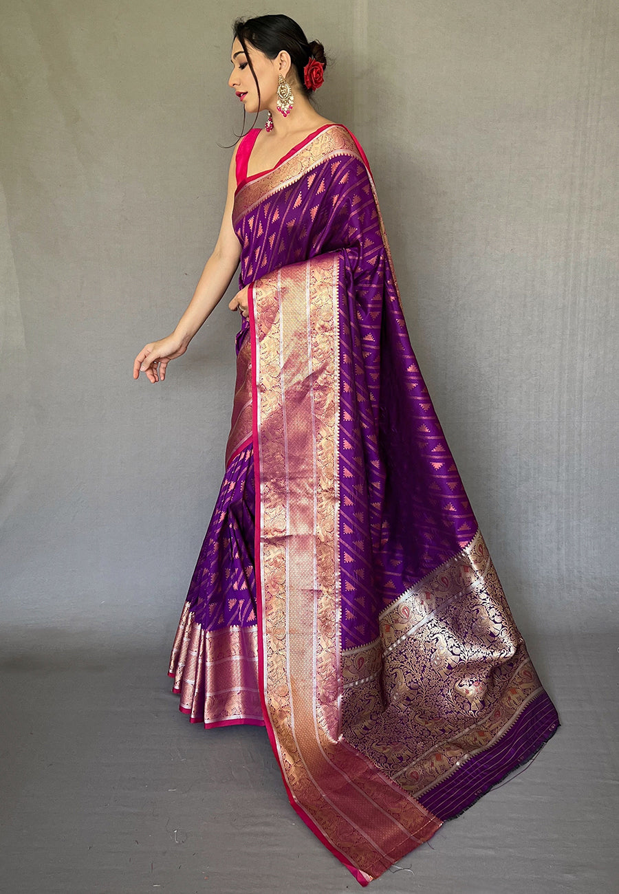 Purple Aanchal Banarasi Silk Leheriya Copper Zari Woven Saree
