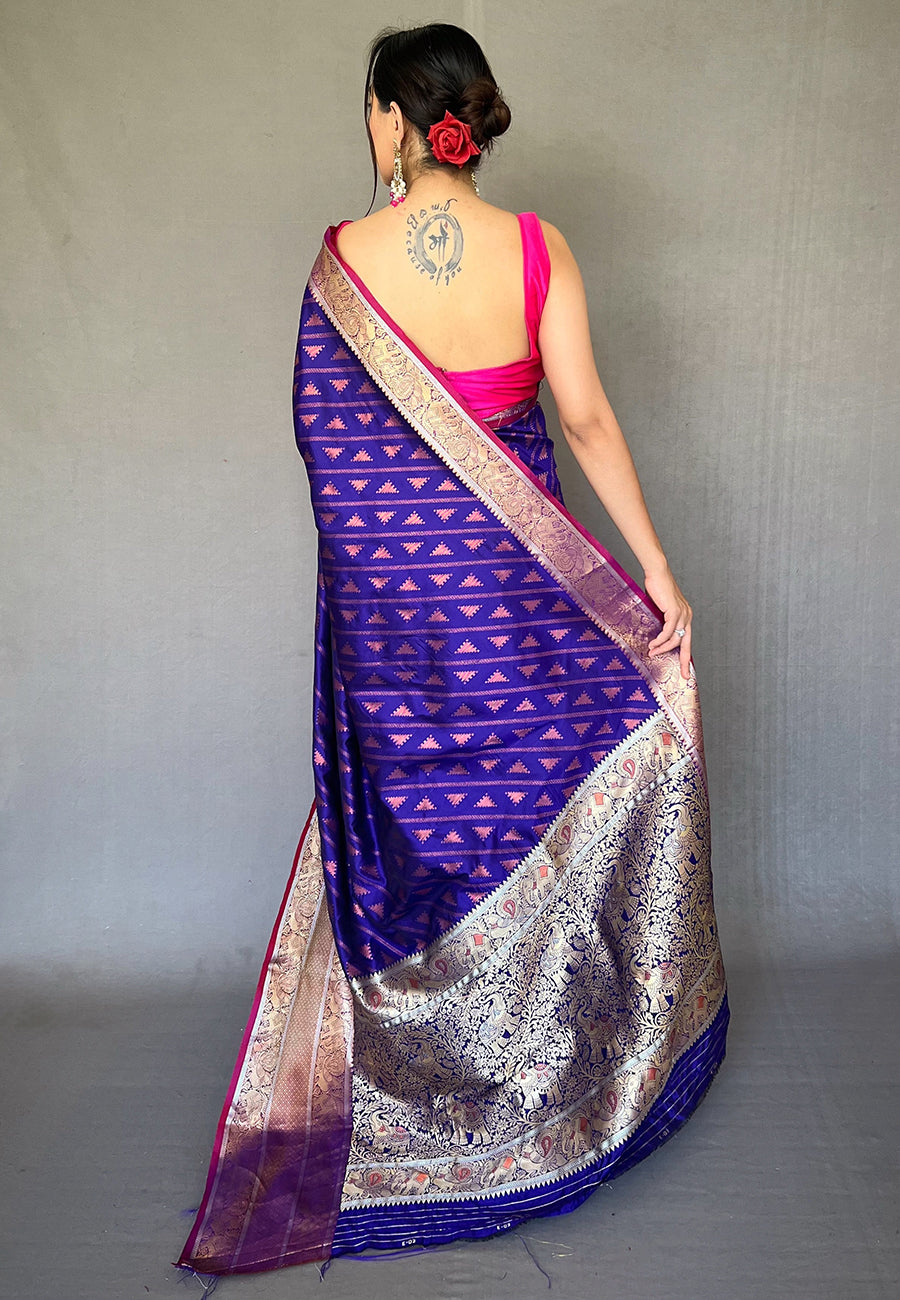 Violet Blue Aanchal Banarasi Silk Leheriya Copper Zari Woven Saree