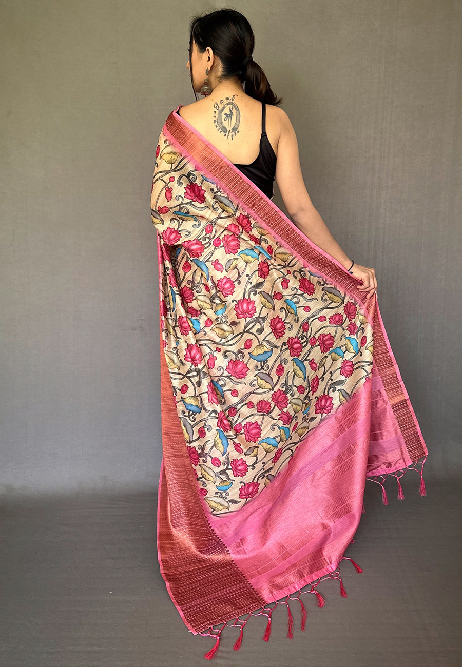 Cream Pink Cotton Copper Zari Woven Kalamkari Digital Printed Saree