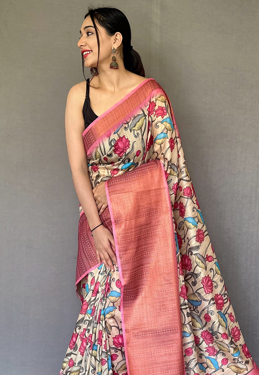 Cream Pink Cotton Copper Zari Woven Kalamkari Digital Printed Saree