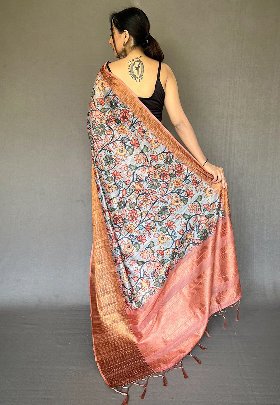 Grey Cotton Copper Zari Woven Kalamkari Digital Printed Saree