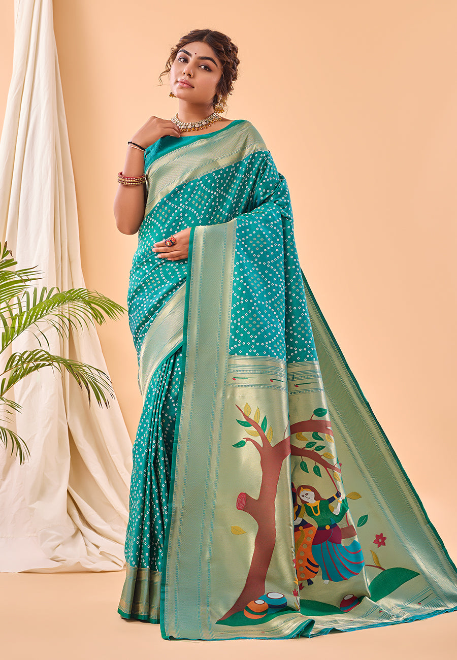 Sea Green Bandhej Original Paithani Silk Woven Saree