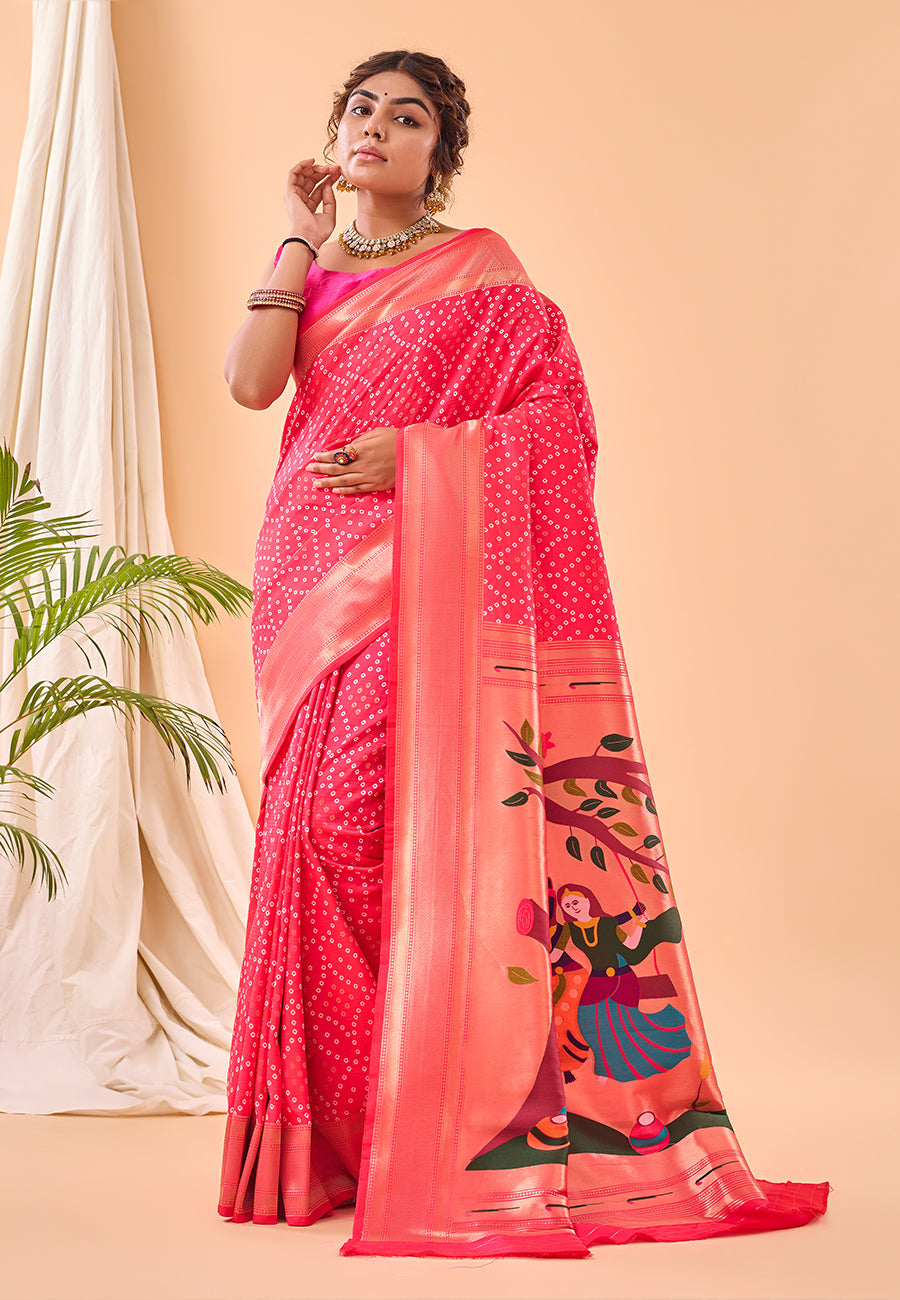 Pink Bandhej Original Paithani Silk Woven Saree