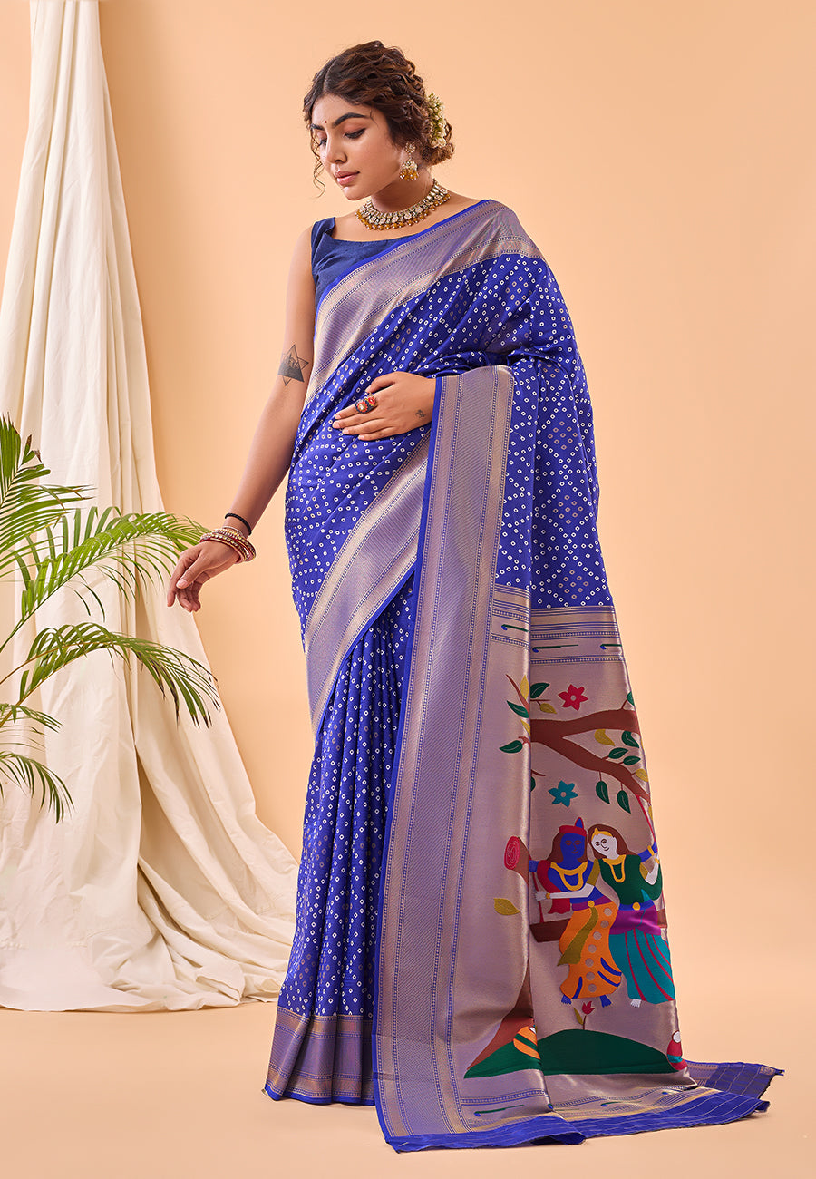 Violet Bandhej Original Paithani Silk Woven Saree
