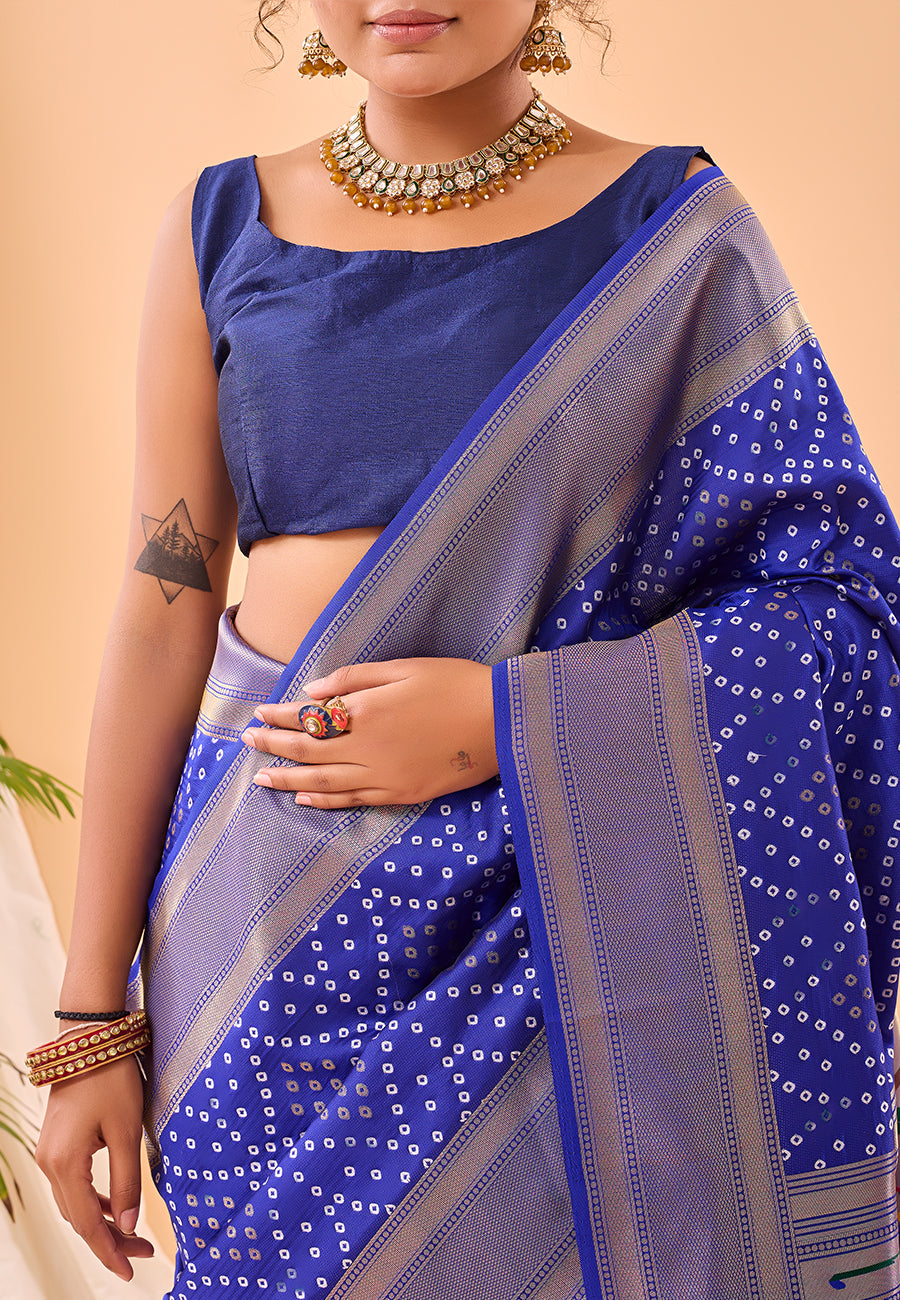 Violet Bandhej Original Paithani Silk Woven Saree
